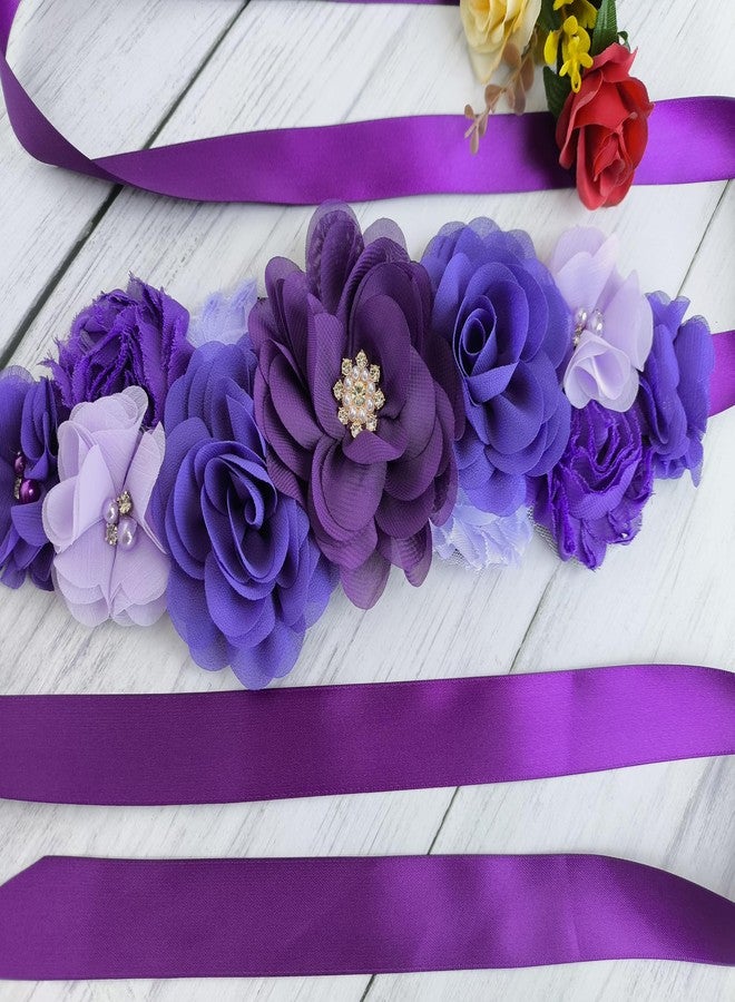 Oyabridal Maternity Flower Sash Belt Baby Shower for Mommy Pregnant Sash with Flowers W047 (Purple) - Image 2